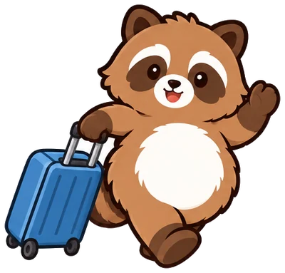 Machi with a suitcase, ready to go